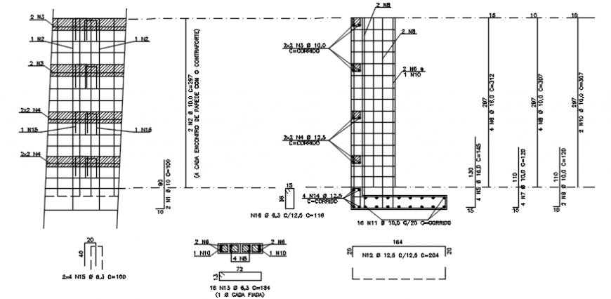 Common wall block with column section and construction drawing details dwg file