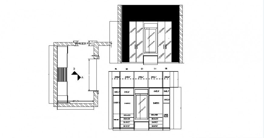 Common wardrobe elevation, section and plan cad drawing details dwg file