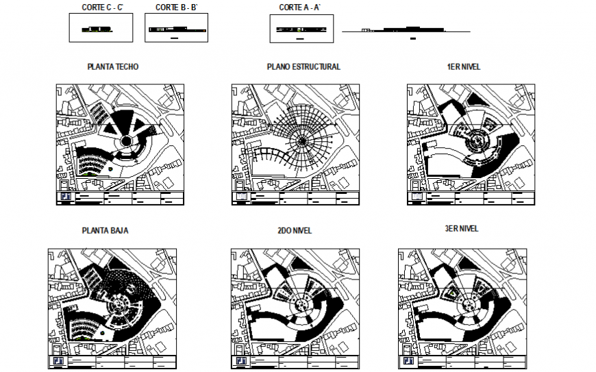 Communal market elevation, section, floor plan, structure plan and auto-cad details dwg file