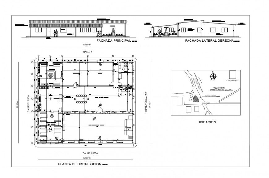 Community center concrete blocks wood roof elevation, section and plan cad drawing details dwg file