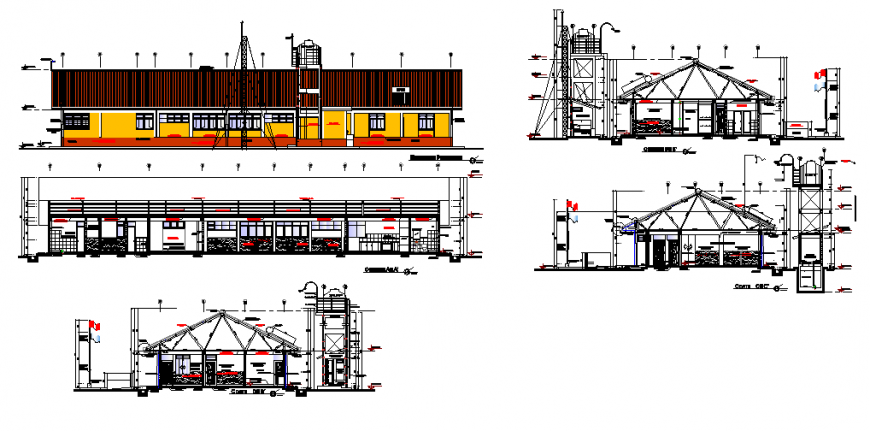 Community center elevation and section autocad file
