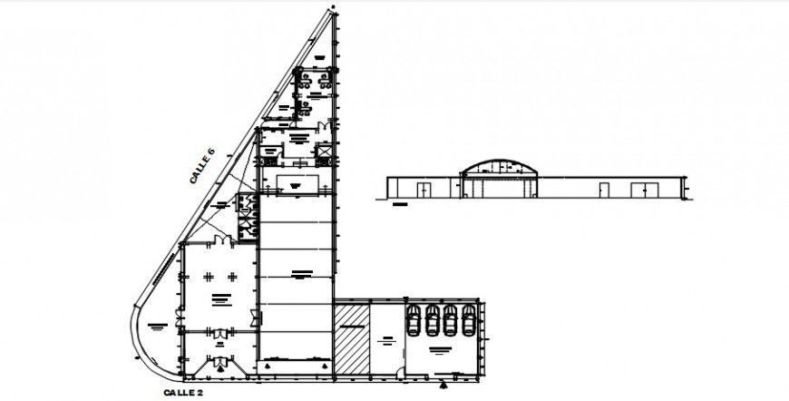 Community center main elevation and plan cad drawing details dwg file