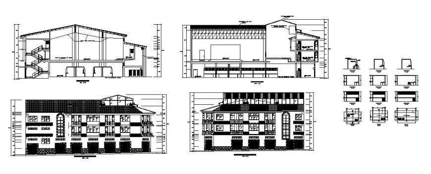 Community center with small market elevation and section cad drawing details dwg file