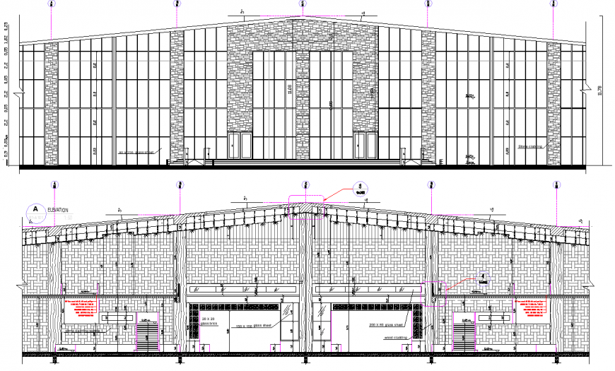 Community centre elevation detail drawing in dwg AutoCAD file.