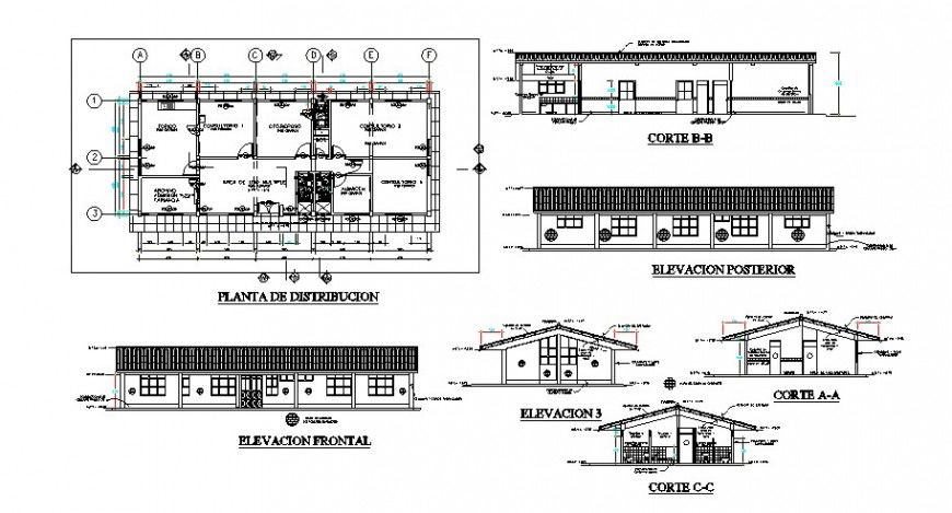 Community clinic elevation, section and plan drawing details dwg file