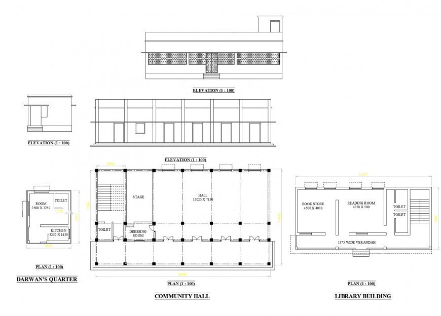 Community hall and elevation plan detail dwg file