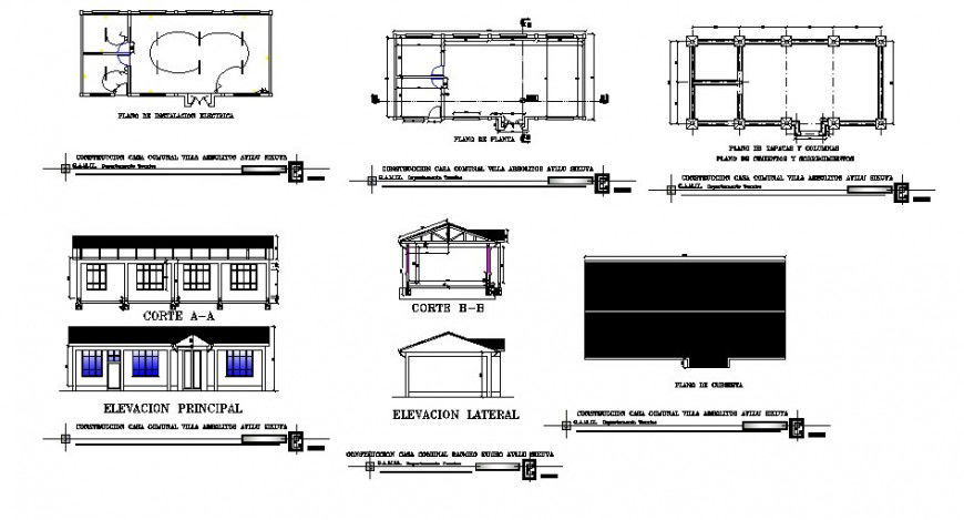 Community house elevation, section, foundation and construction cad drawing details dwg file