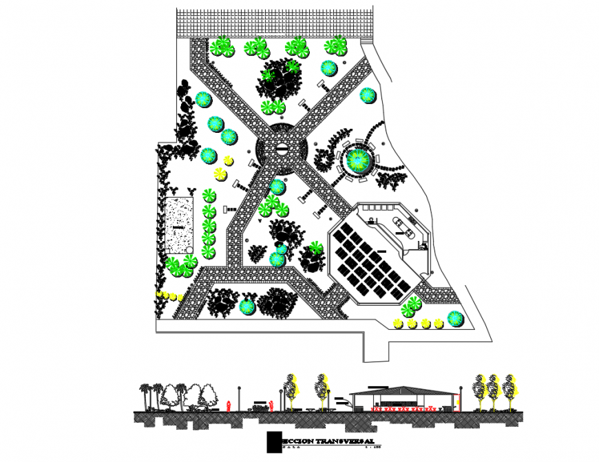 Community park gate elevation and landscaping structure details dwg file