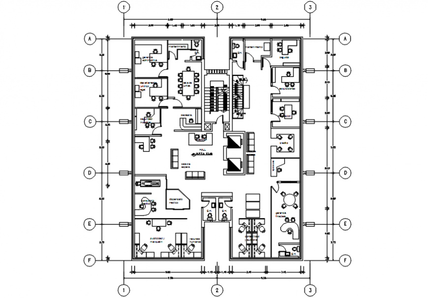 Company office first floor distribution plan with furniture drawing details dwg file