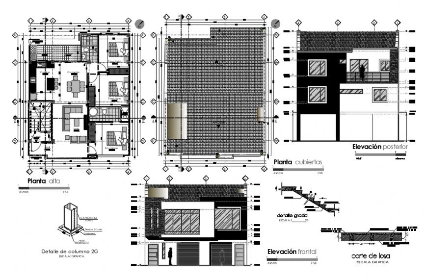 Complete detailing of bungalow with layout and elevation detail dwg file