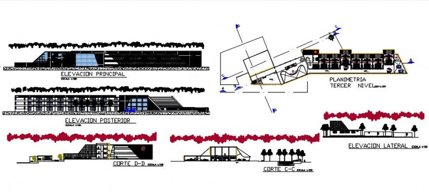 Complete exterior view of hotel concept dwg file