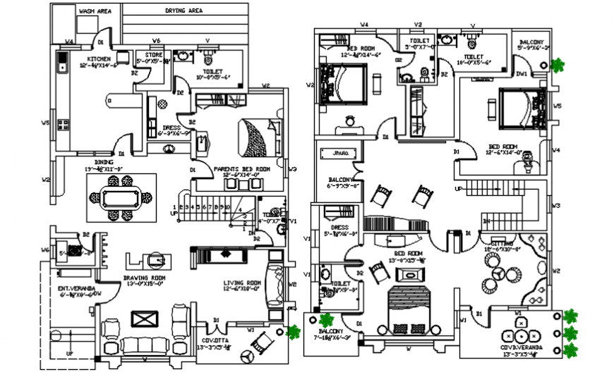 Complete furniture top view plan details of a house plan