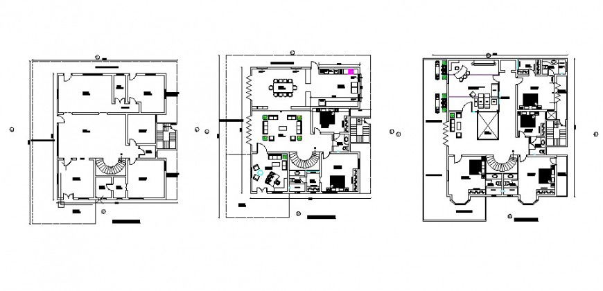 Complete residential bungalow three-flooring-floor plan cad drawing details dwg file