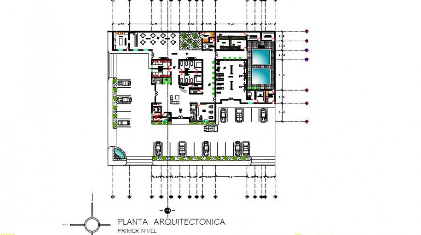 Complex car parking and outer top view layout plan dwg file
