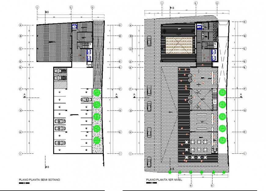 Complex top view plan drawing in dwg AutoCAD file.