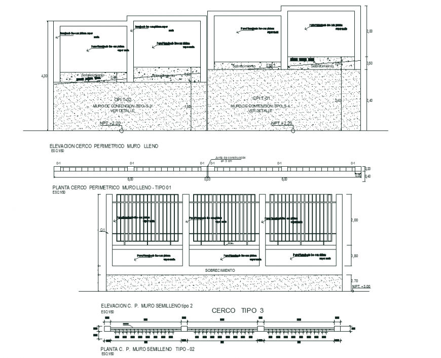 Compound wall construction drawing in dwg file.