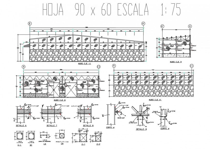 Compound wall elevation and column detail 2d view autocad file