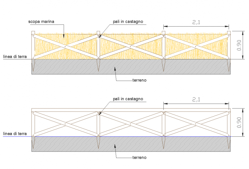 Compound wall railing detail 2d view layout dwg file