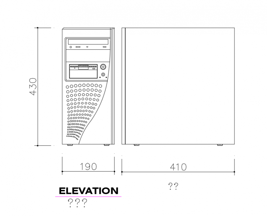 Computer cpu host front and side cad elevation design details dwg file