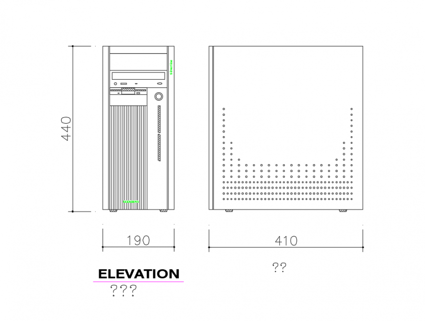 Computer host cpu front and side elevation cad drawing details dwg file