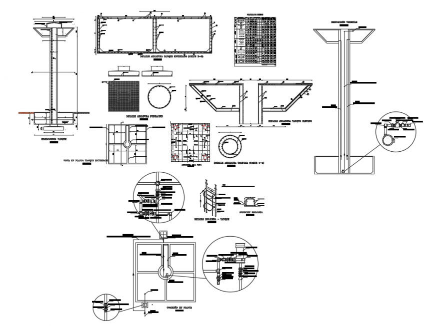Concrete armed tank section and construction cad drawing details dwg file