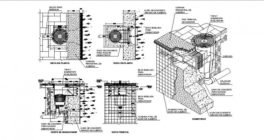 Concrete armed wall section and construction cad drawing details dwg file
