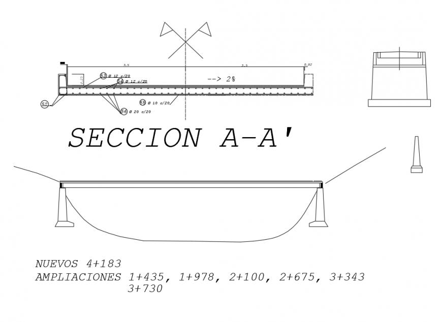 Concrete bridge elevation, section and structure details dwg file