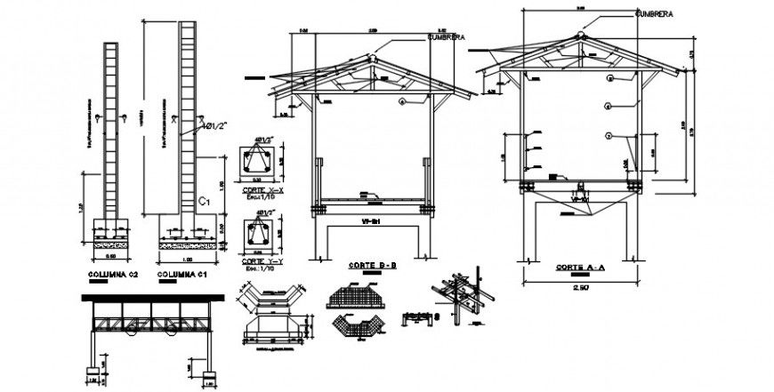 Concrete bridge sections, column and footing structure drawing details dwg file
