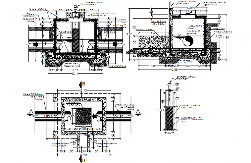 Concrete chamber constructive sections and structure details dwg file