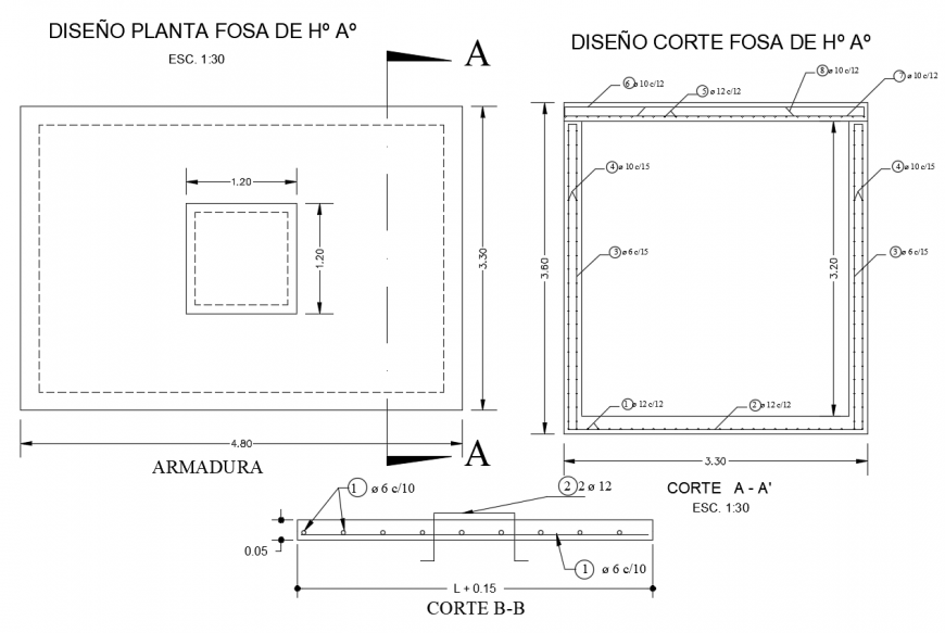 Concrete grave design with plan and section view dwg file