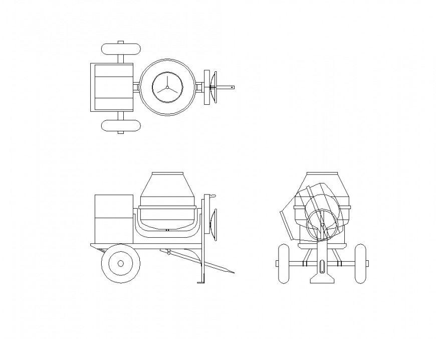 Concrete mixer plant machine plan, elevation and its rotating view dwg file