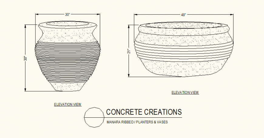 Concrete planters and vase detail elevation dwg file