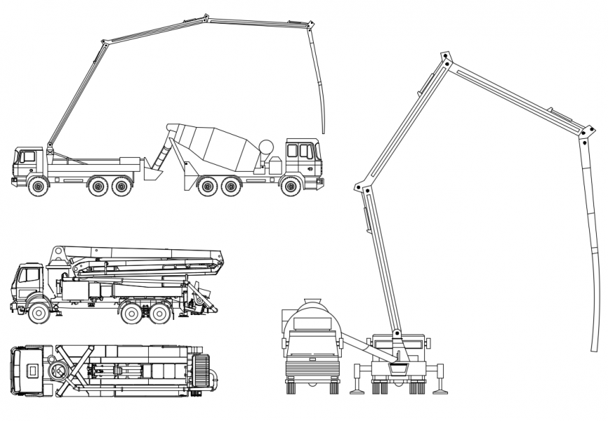 Concrete pump truck design blocks all sided elevation dwg file