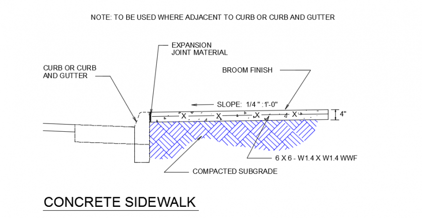 Concrete sidewalk detail sectional drawing