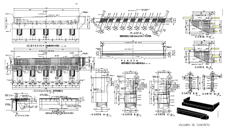 Concrete support beam structure detail elevation and plan autocad file