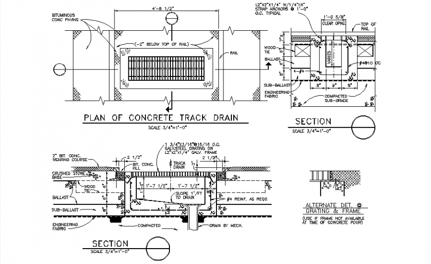 Concrete track drain plan and section dwg file