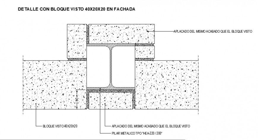 Concrete wall block front constructive structure details dwg file