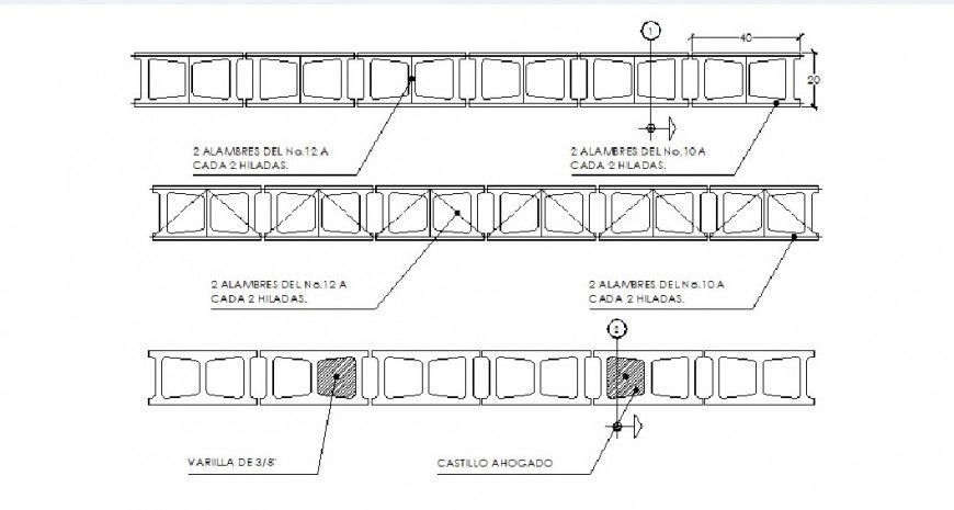 Concrete wall blocks section and construction cad drawing details dwg file