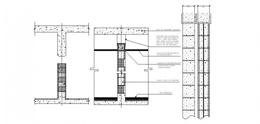 Concrete wall section, blocks and construction details dwg file