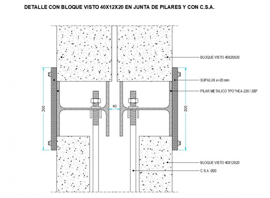 Connection double walls of cement blocks construction details dwg file