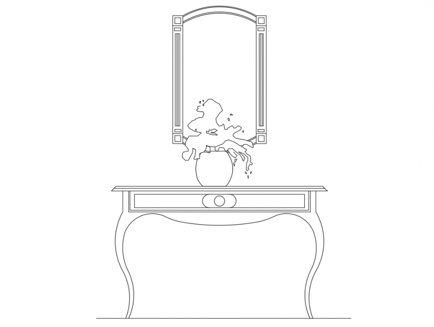 Consolle drawing room table with wall painting and flower pot drawing room furniture blocks details dwg file