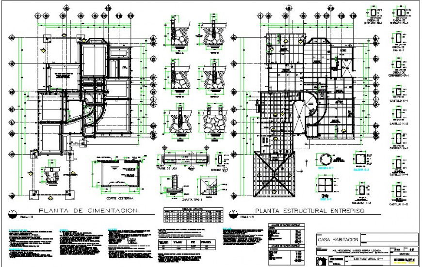 Construction and structural plan of the bungalow in dwg AutoCAD file.