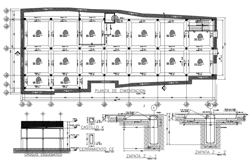 Construction design with foundation plan and its detail view dwg file