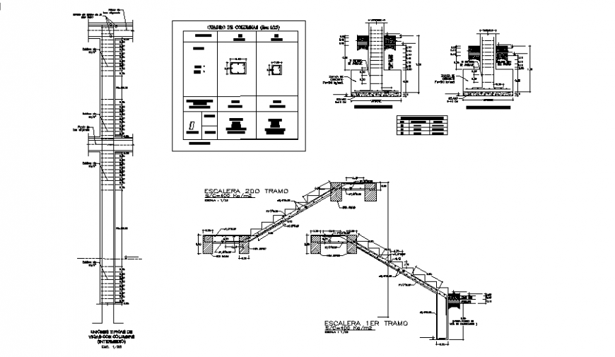 Construction detail of column wall and stair in auto cad file