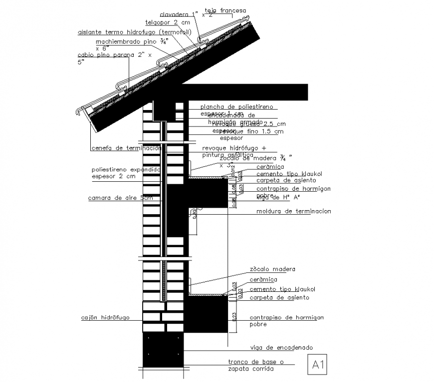 Construction detail of exterior wall and truss in dwg AutoCAD file.