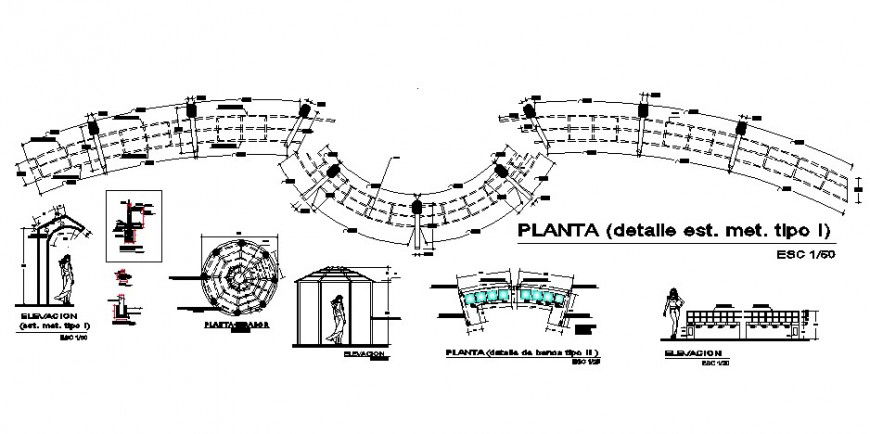 Construction details of pergola 2d view autocad file