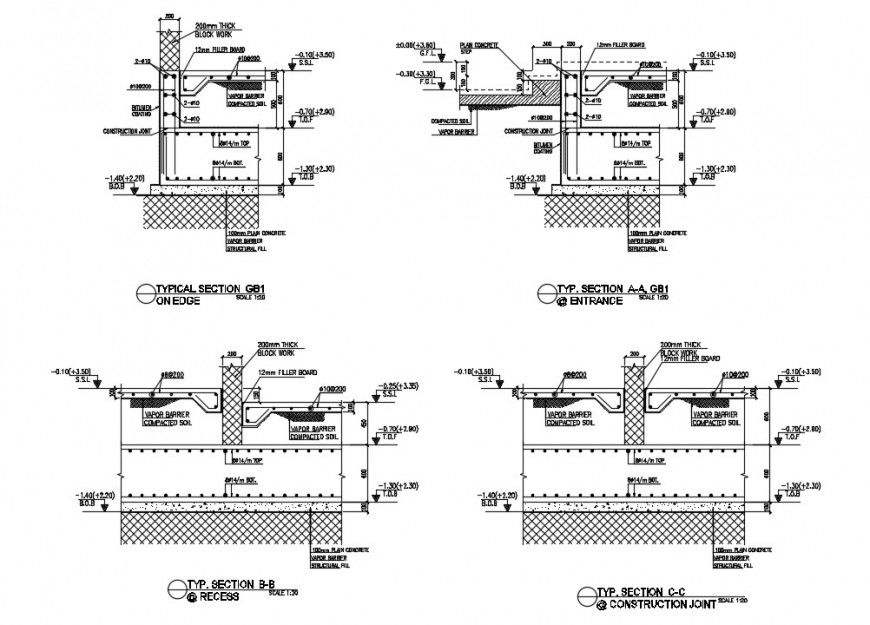 Construction details of RCC raft foundation dwg file