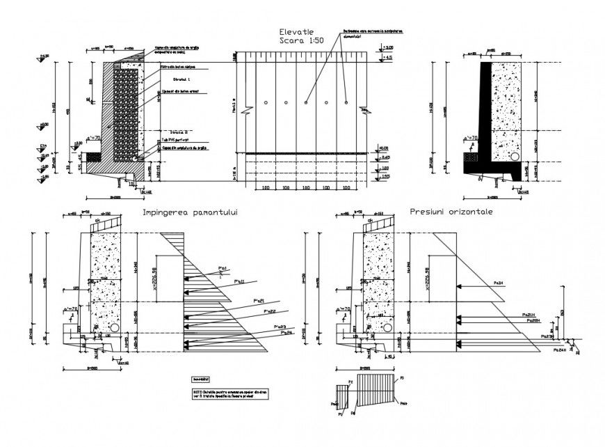 Construction details of retaining wall of building dwg file