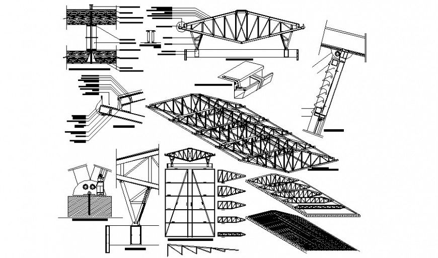 Construction details of roofing structure 2d view autocad file