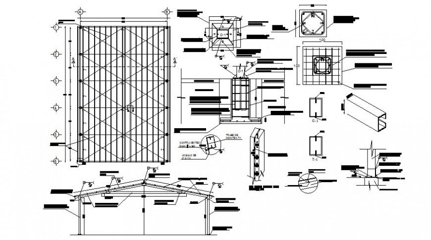 Construction details of roofing structure and footing autocad file